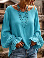 Elegant Boat Collar Ruffle Cuffs Turquoise Blouse