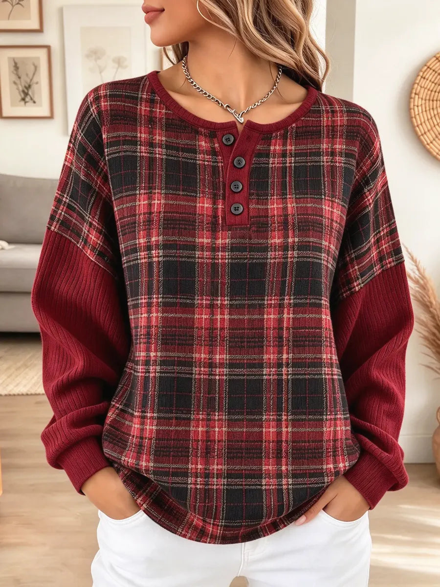 Retro Plaid Pattern Art Patchwork Casual Stylish Long Sleeve Top