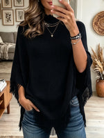 Women's Fringe Trim High Neck Knit Poncho Sweater