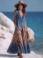 Vacation Party Sexy Leopard Print V-Neck Ruffled Blue Dress