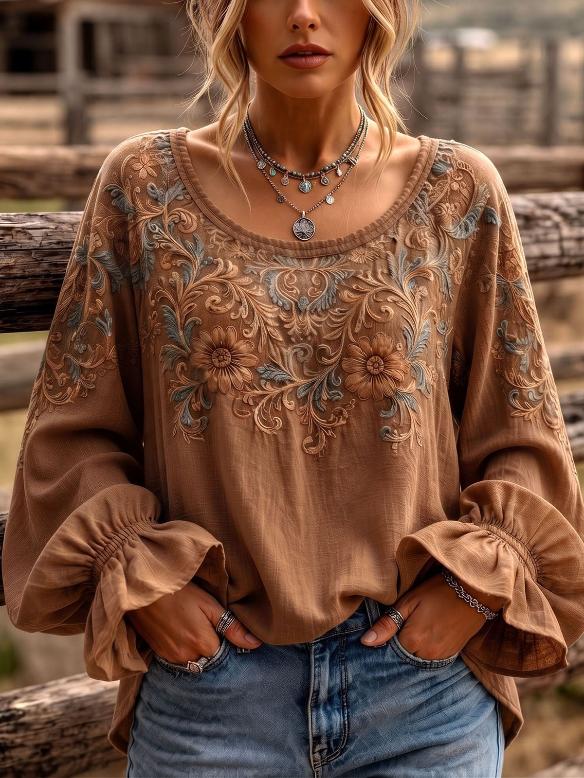 Boho-chic Floral Print Ruffled Cuffs Blouse