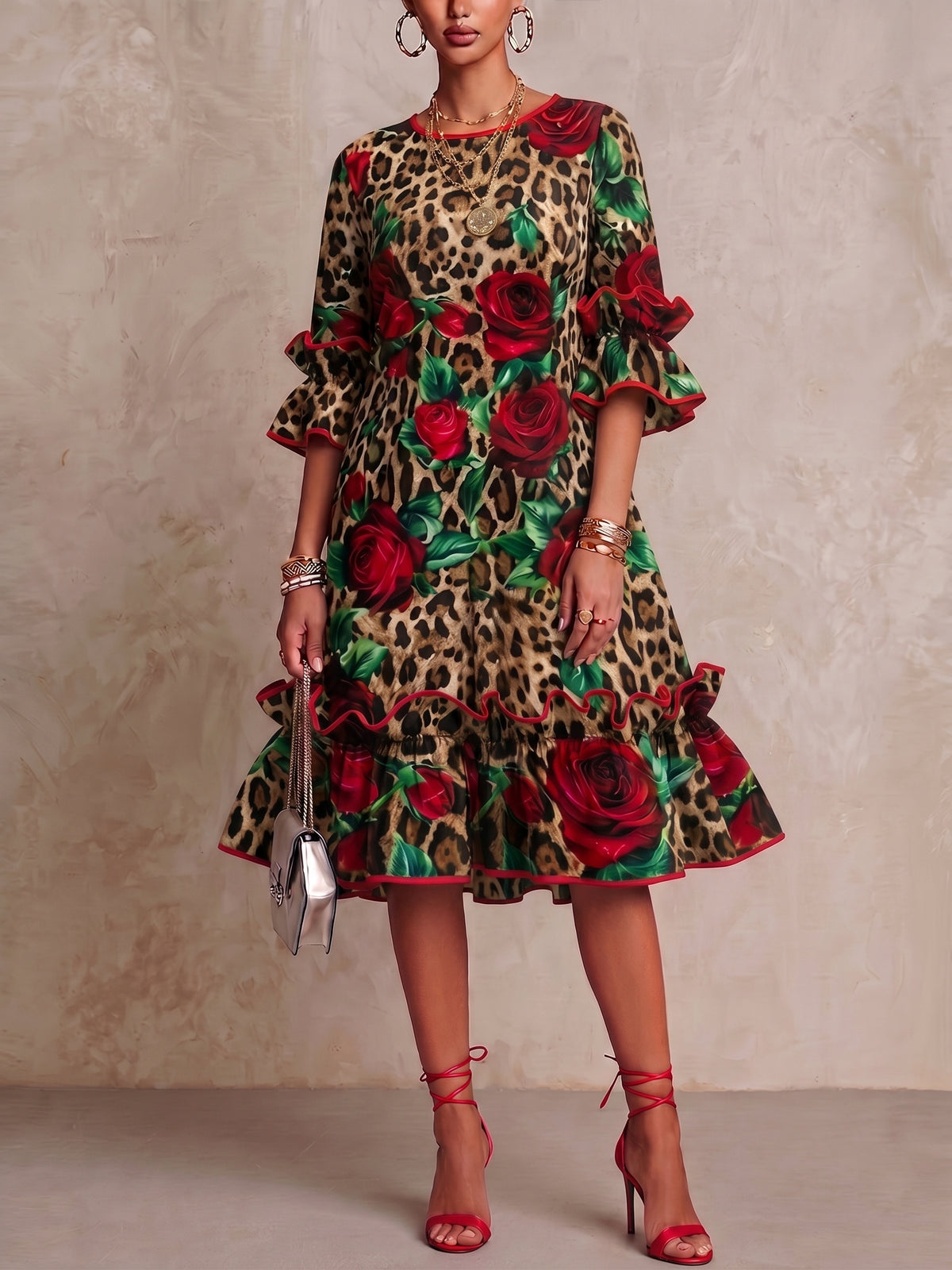 Chic And Romantic Cotton-linen Dress Featuring Leopard And Rose Prints, Piping, And Ruffle Details