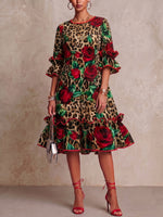 Chic And Romantic Cotton-linen Dress Featuring Leopard And Rose Prints, Piping, And Ruffle Details