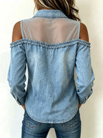 Sheer Mesh Cold Shoulder Ruffle Denim Shirt