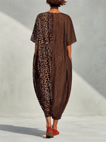 Leopard & Vertical Stripe Splice V-neck Drop Shoulder 3/4 Sleeve Loose Jumpsuit