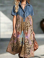 Casual Denim Dress With Leopard And Paisley Print Paneling