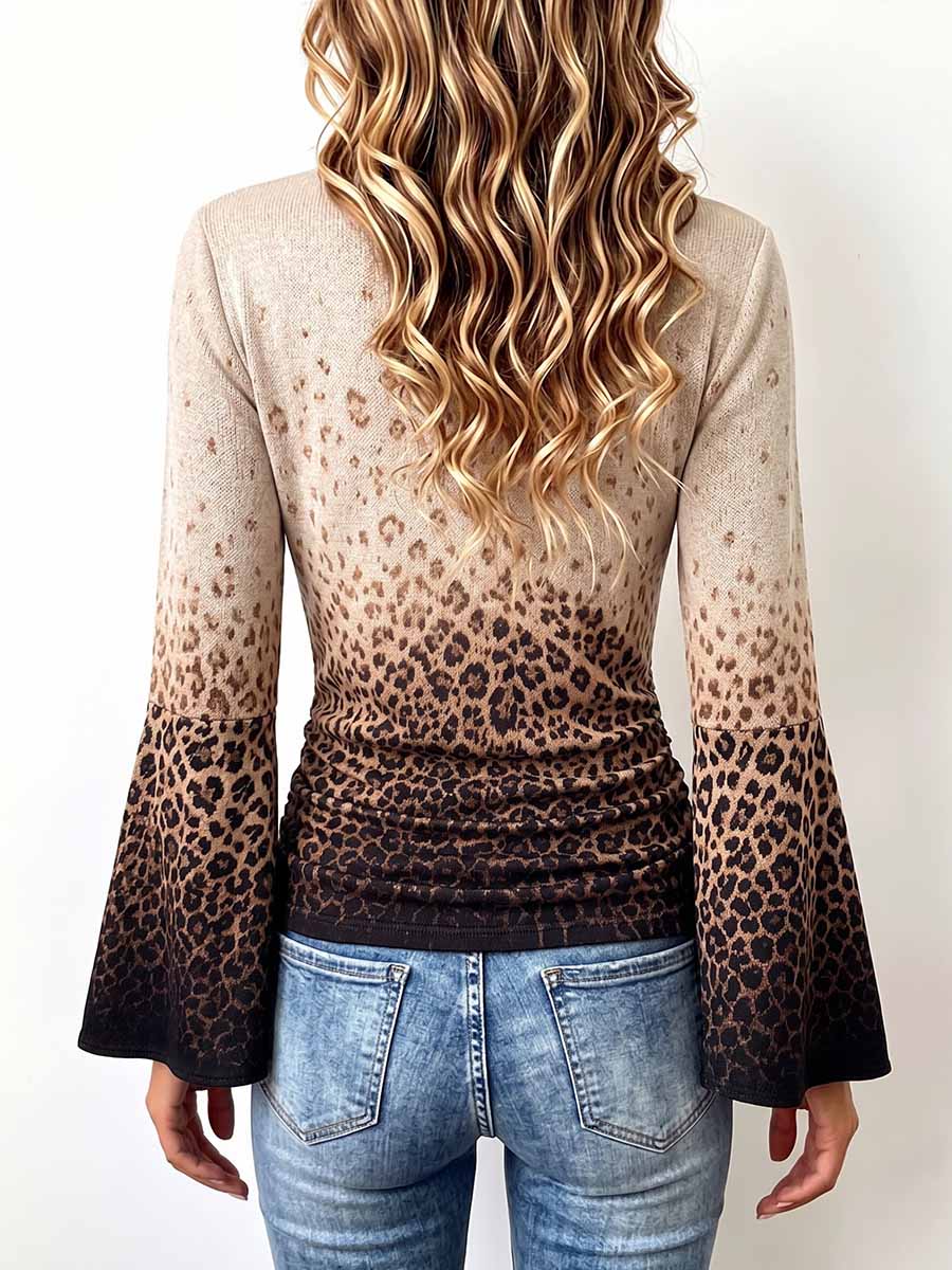 Women's Gradient Leopard Print V-neck Long Sleeve Casual Loose Stretch Top