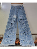 Delicate Casual Hollow-out Embroidered Rhinestone Jeans