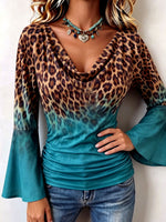 Chic Leopard & Teal Cowl Neck Top