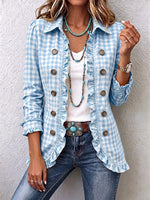 Chic Green Gingham Ruffled Button-Down Jacket