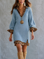 Stylish And Cozy Color-block Leopard Print Mini Knit Dress