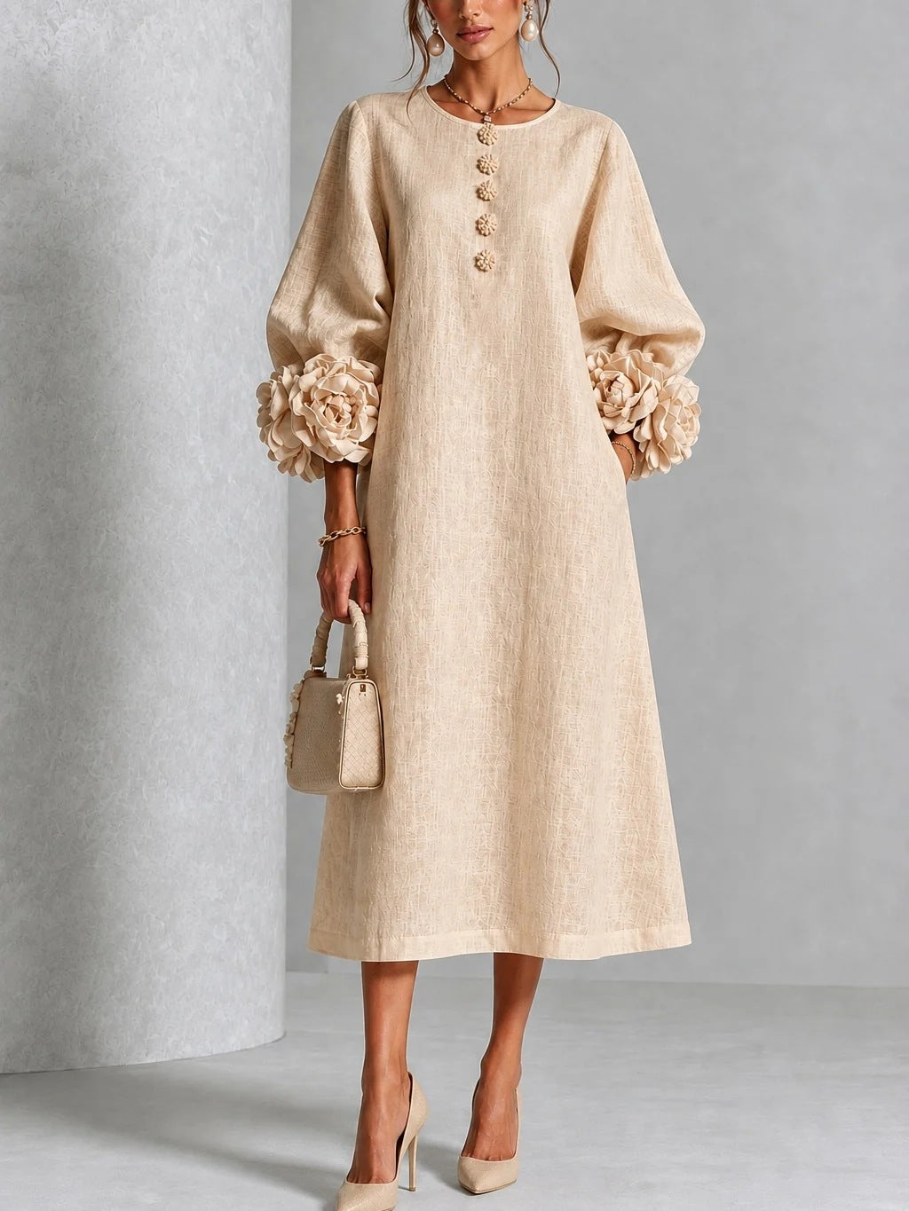Elegant Blush Pink 3D Rosette Midi Dress