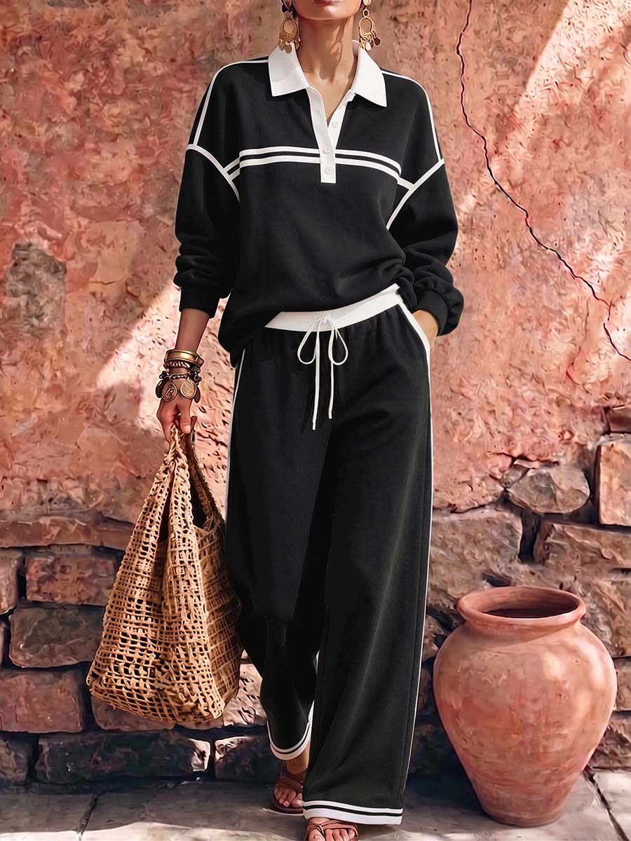 Women's Collared Long-sleeved Casual Loose Pullover Top And High-waisted Wide-leg Pants Suit