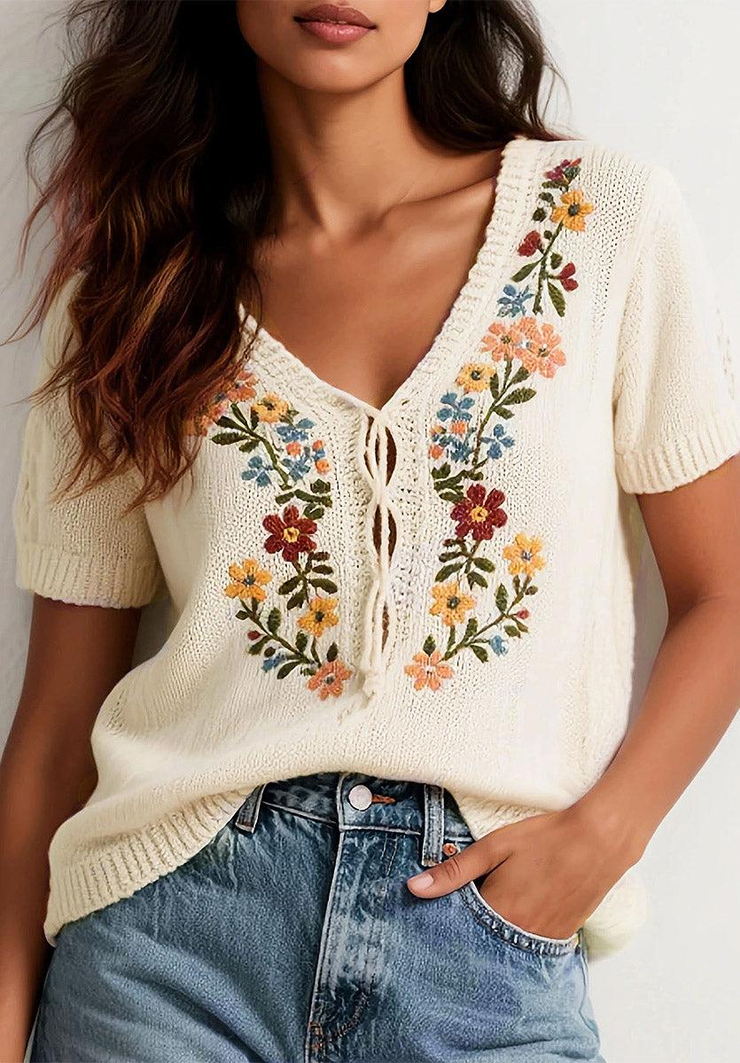 Elegant Floral V-collar Embroidery Short Sleeve Art Casual Knitted Shirt