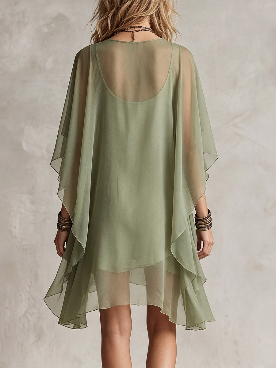 Women's Solid Color V-neck 3/4 Sleeve Casual Loose Chiffon Dress