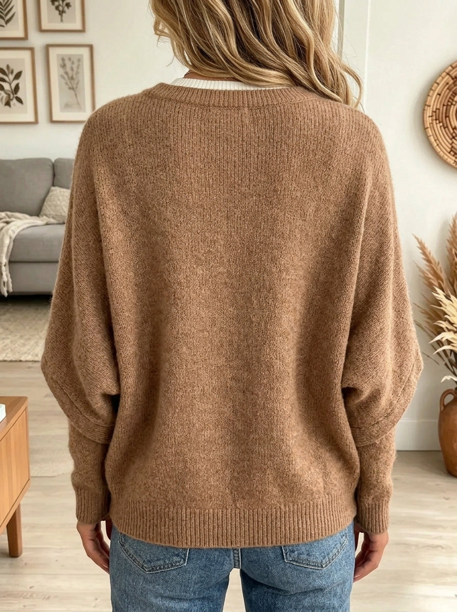 Women's Split Henley Button Layered Batwing Sweater