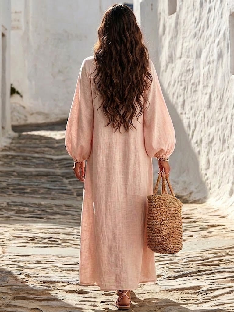 Floral-embroidered Deep-v Lantern-sleeve Linen-blend Loose Resort Dress