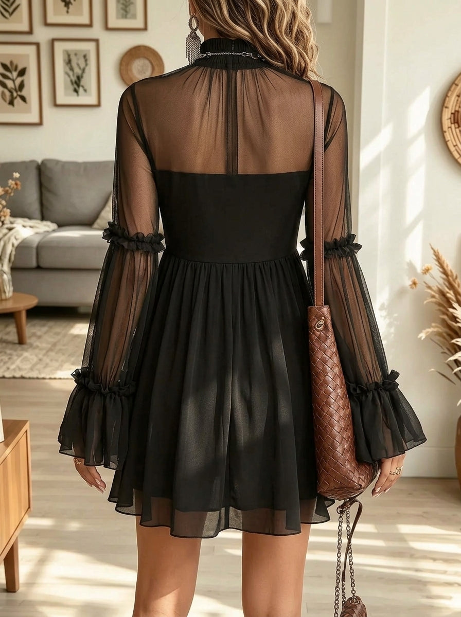Women's Sheer Mesh 3D Rosette Babydoll Mini Dress