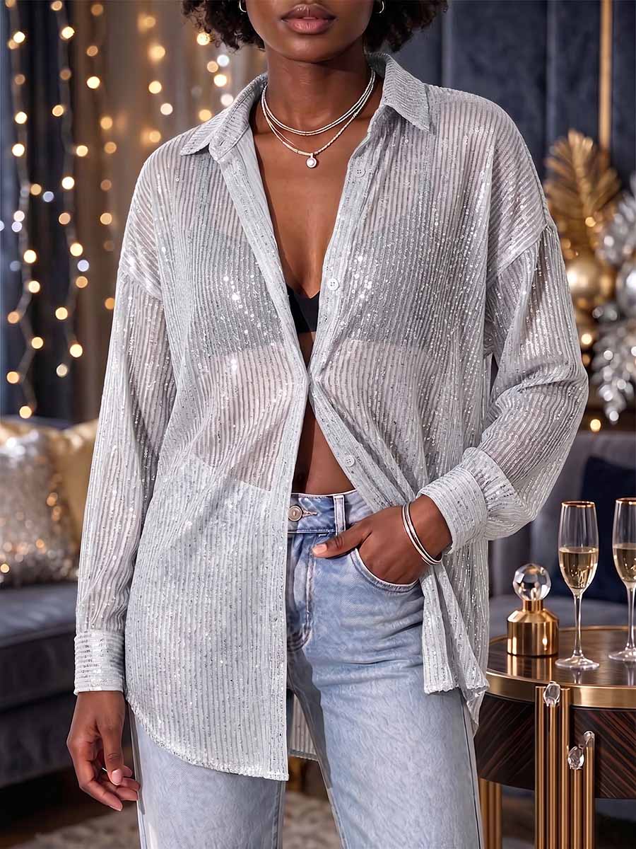 Women's Solid Color Collared Long-sleeved Casual Loose Sequined Shirt