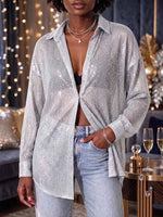 Women's Solid Color Collared Long-sleeved Casual Loose Sequined Shirt