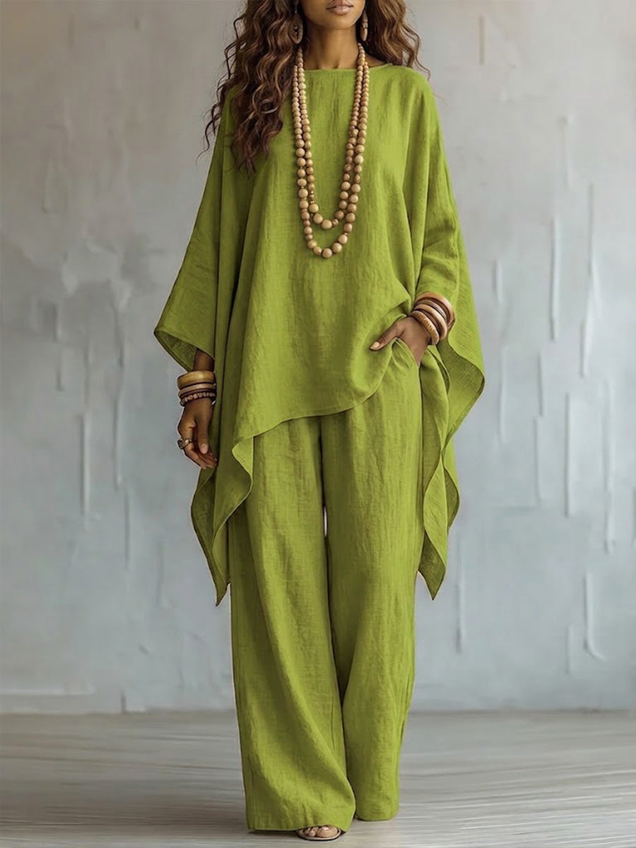 Loose-fit Casual Cotton-linen Blend Top And Trousers Two-piece Set