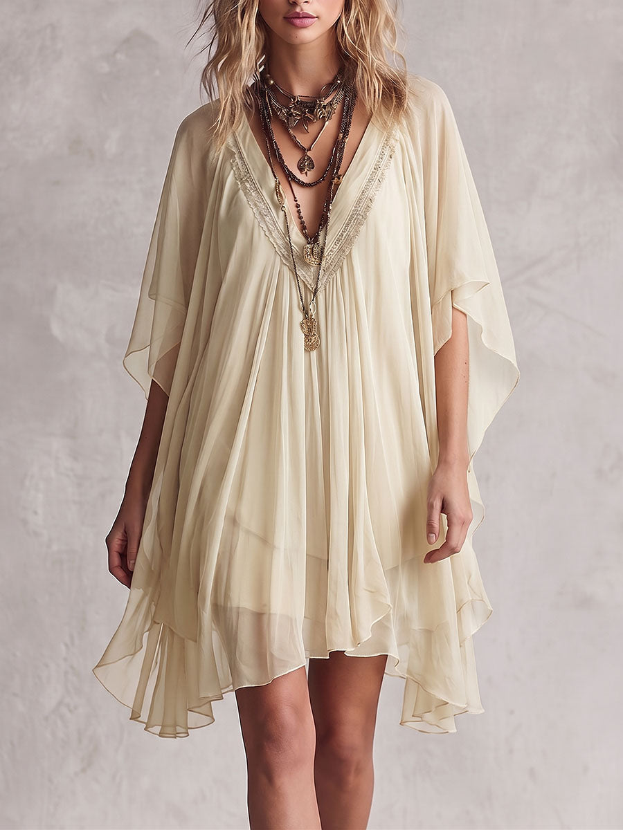 Women's Solid Color V-neck 3/4 Sleeve Casual Loose Chiffon Dress