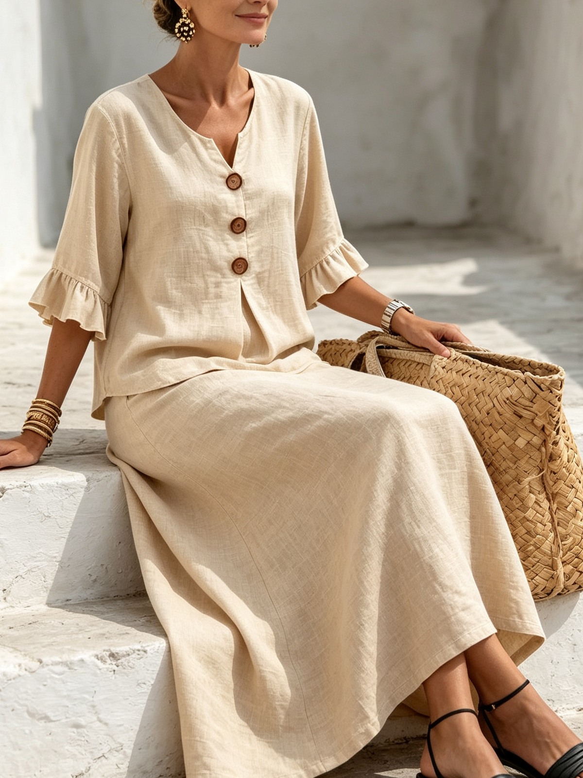 Elegant Resort-style Ruffled Linen-blend Two-piece Set