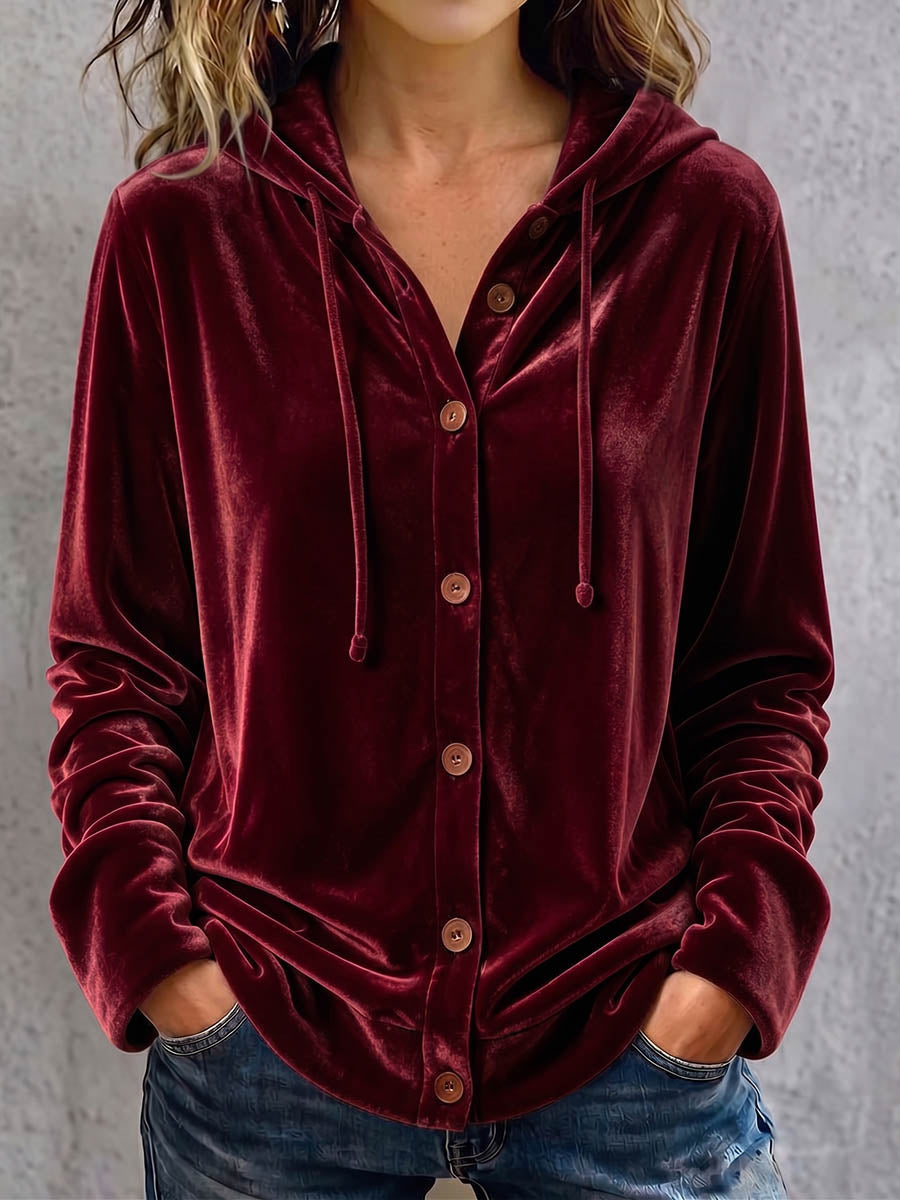 Women's Solid Color Long-sleeved Casual Loose Velvet Hooded Cardigan
