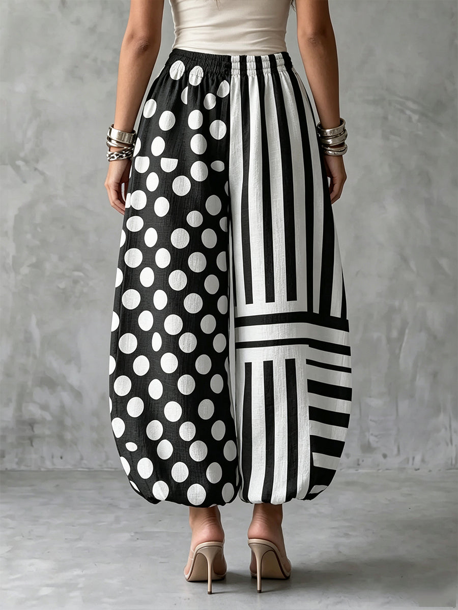 Contrast Polka Dot Stripe Linen Drawstring Harem Midi Pants