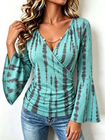 Women's Abstract Print V-neck Long Sleeve Casual Loose Stretch Top