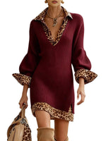 Stylish And Cozy Color-block Leopard Print Mini Knit Dress