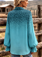 Bohemian-chic Gradient Leopard Print Ruffle Blouse With Bell Sleeves