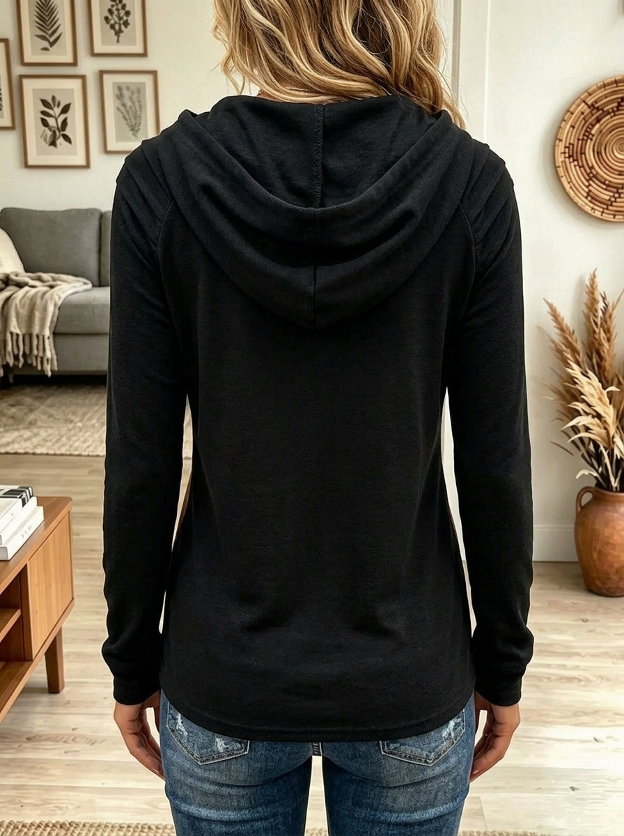 Women Faux Suede Patchwork Hooded Lace-Up Raglan Long Sleeve Top