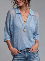 Women's Solid Color Pullover Collared 3/4 Sleeve Casual Loose Mesh Top