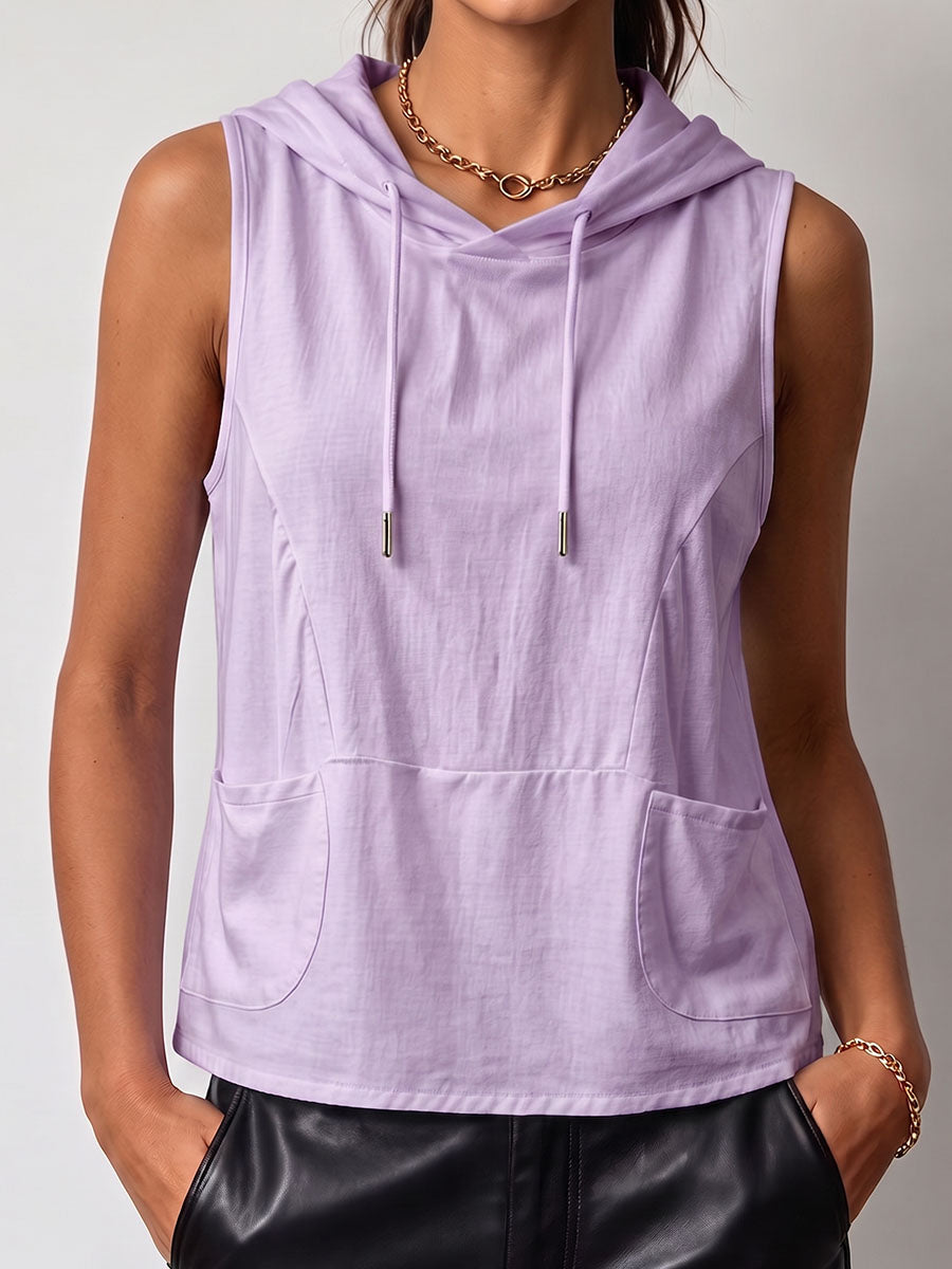 Women's Solid Color Sleeveless Casual Loose Hooded Top