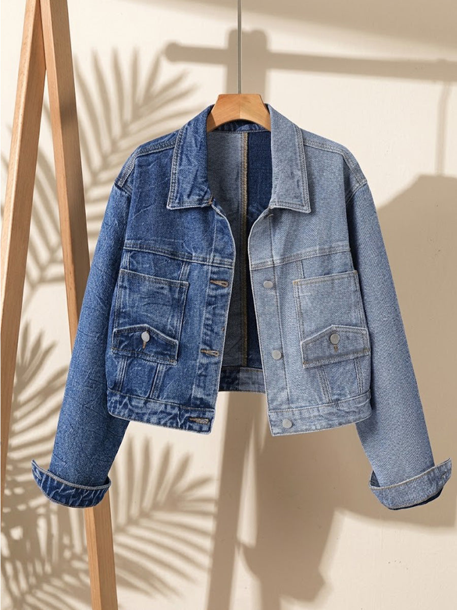 Color-block Cropped Denim Jacket With Inverted Pockets And Paneling