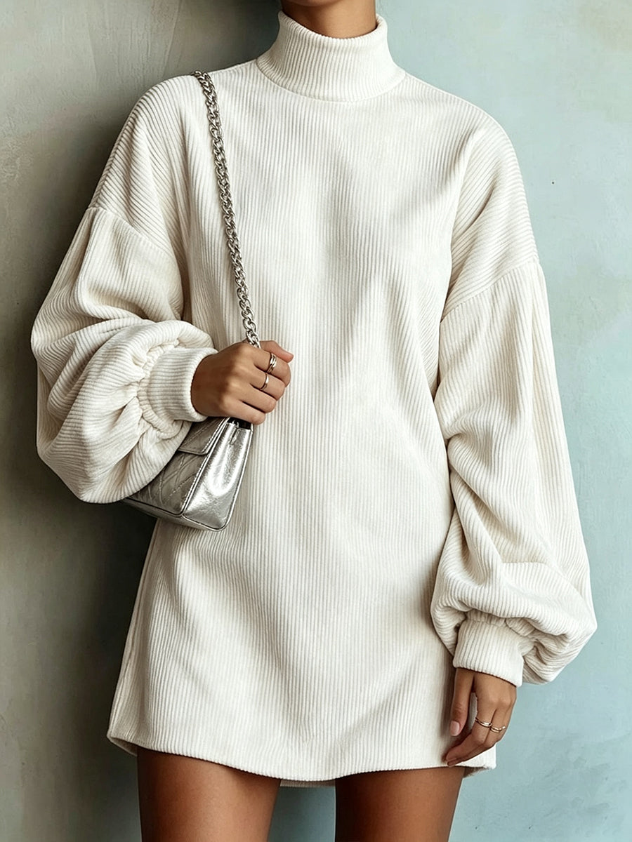 Loose And Cozy Corduroy Lantern-sleeve Mini Dress