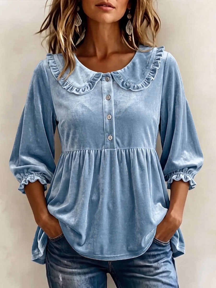 Women's Solid Color Peter Pan Collar 3/4 Sleeve Casual Loose Velvet Top