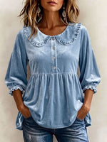 Women's Solid Color Peter Pan Collar 3/4 Sleeve Casual Loose Velvet Top