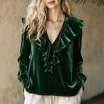 Cozy, Relaxed-fit Ruffled V-neck Velvet Top