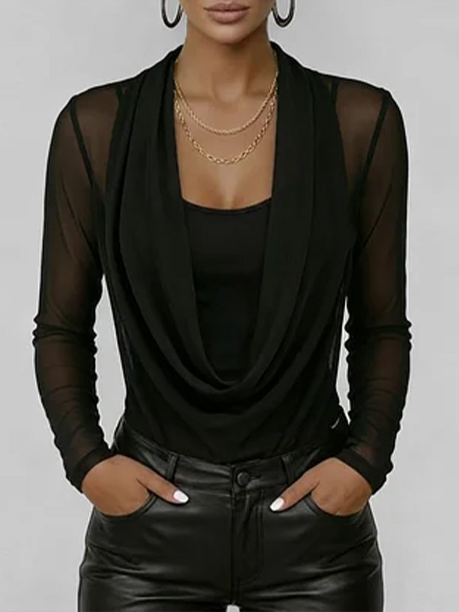 Women's Swing Neck Long-sleeved Casual Loose-fitting Sheer Mesh Top