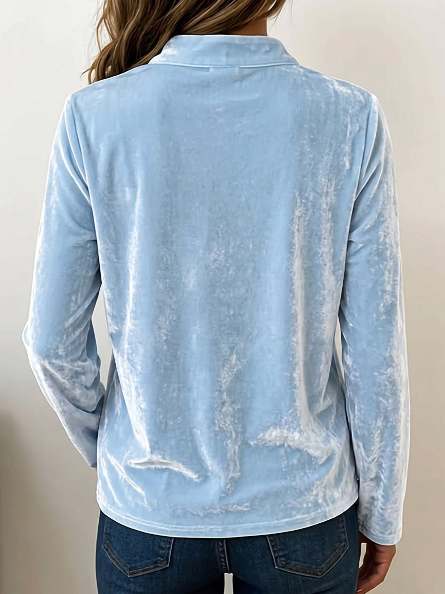 Women's Solid Color V-neck Long Sleeve Casual Loose Velvet Top