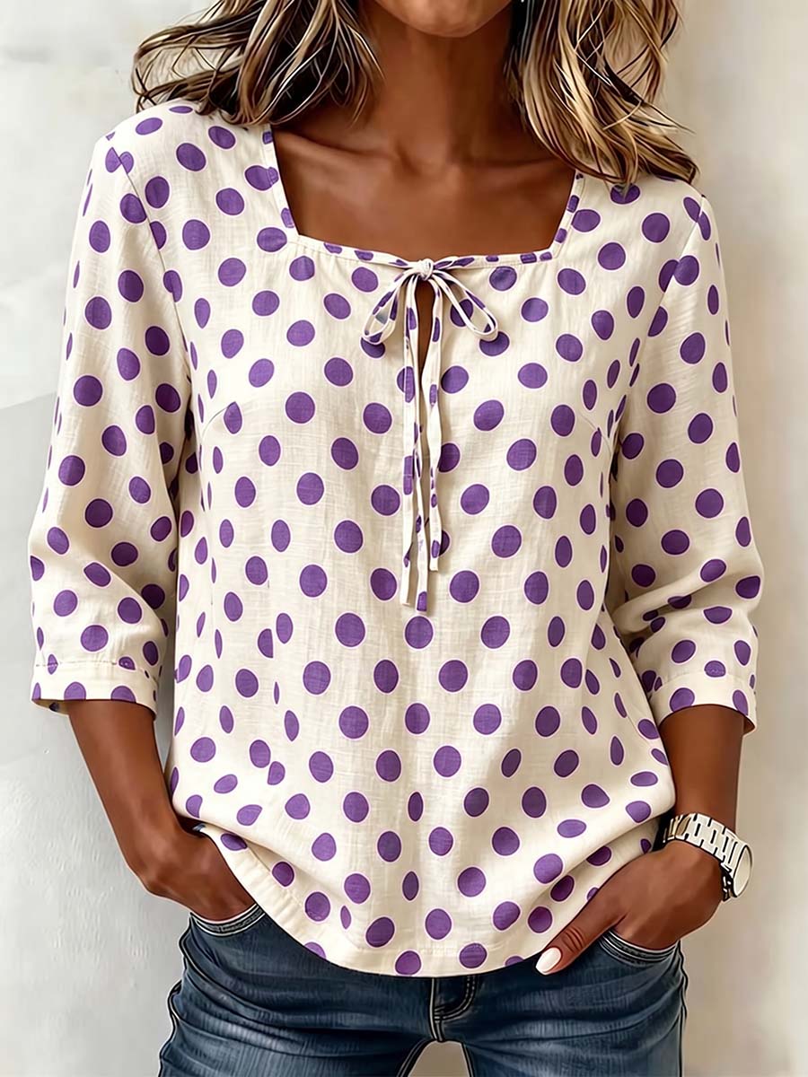 Women's Polka Dot Print Square Neck 3/4 Sleeve Casual Loose Cotton Linen Top