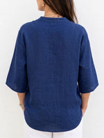 Stand Collar Half Placket Wooden Button Linen Blend Loose 3/4 Sleeve Blouse