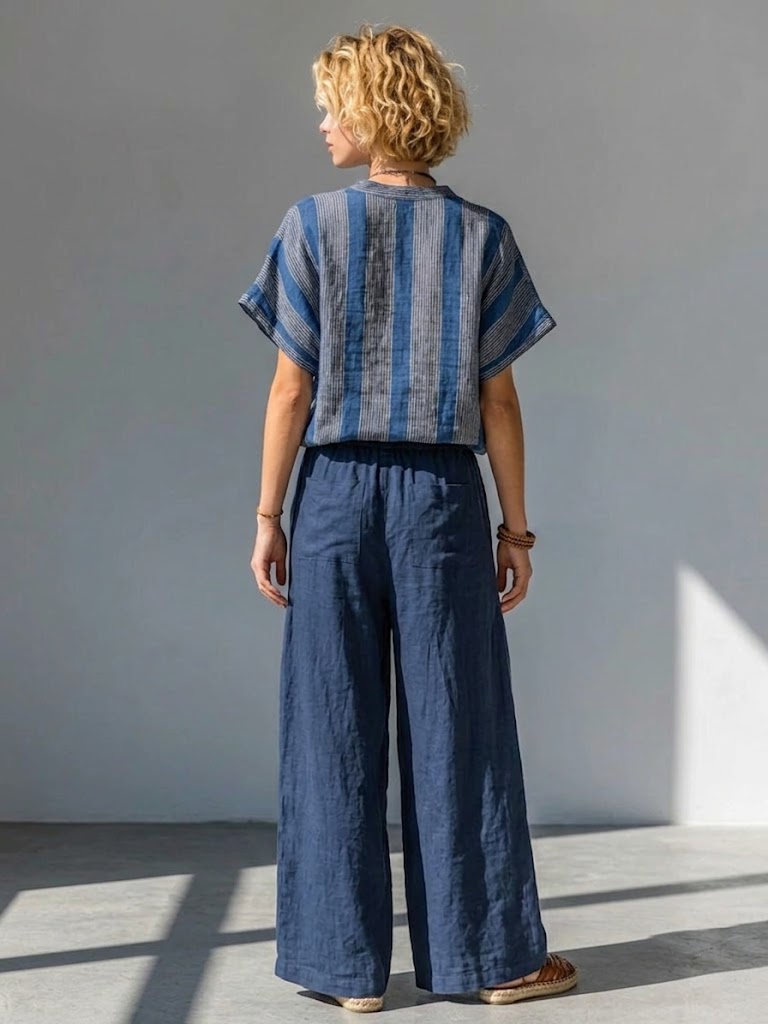 Casual Striped Linen And Cotton Two-piece Top And Pants Set