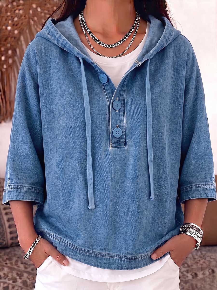 Women's Casual Loose-fitting 3/4 Sleeve Hooded Denim Top