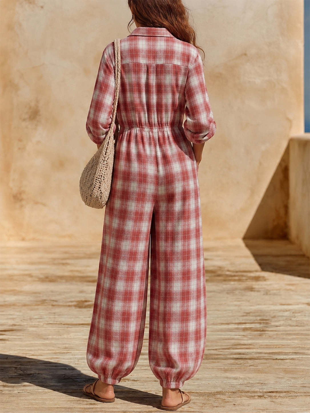 Long-sleeve Plaid Linen-blend Jumpsuit With A Collared Neckline, Cinched Waist, And Cuffed Hems