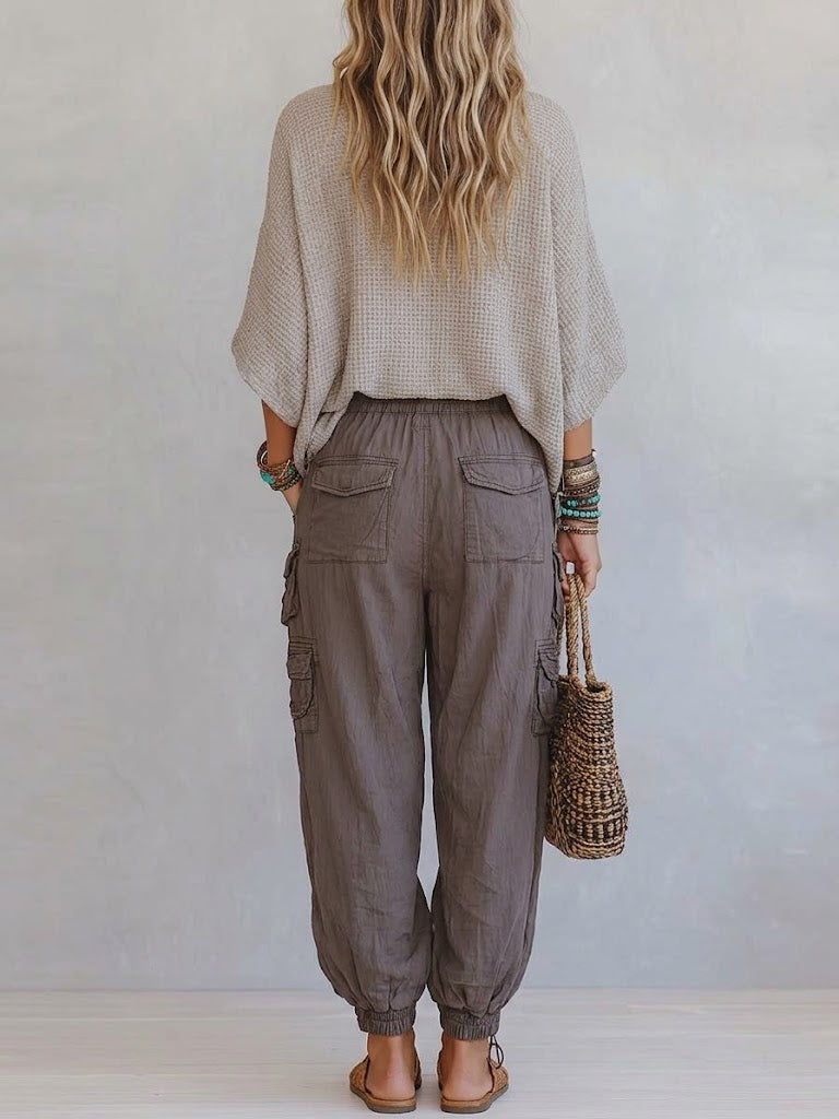 Casual & Cozy Two-piece Set: Waffle-knit Cotton Top And Cotton Cargo Pants