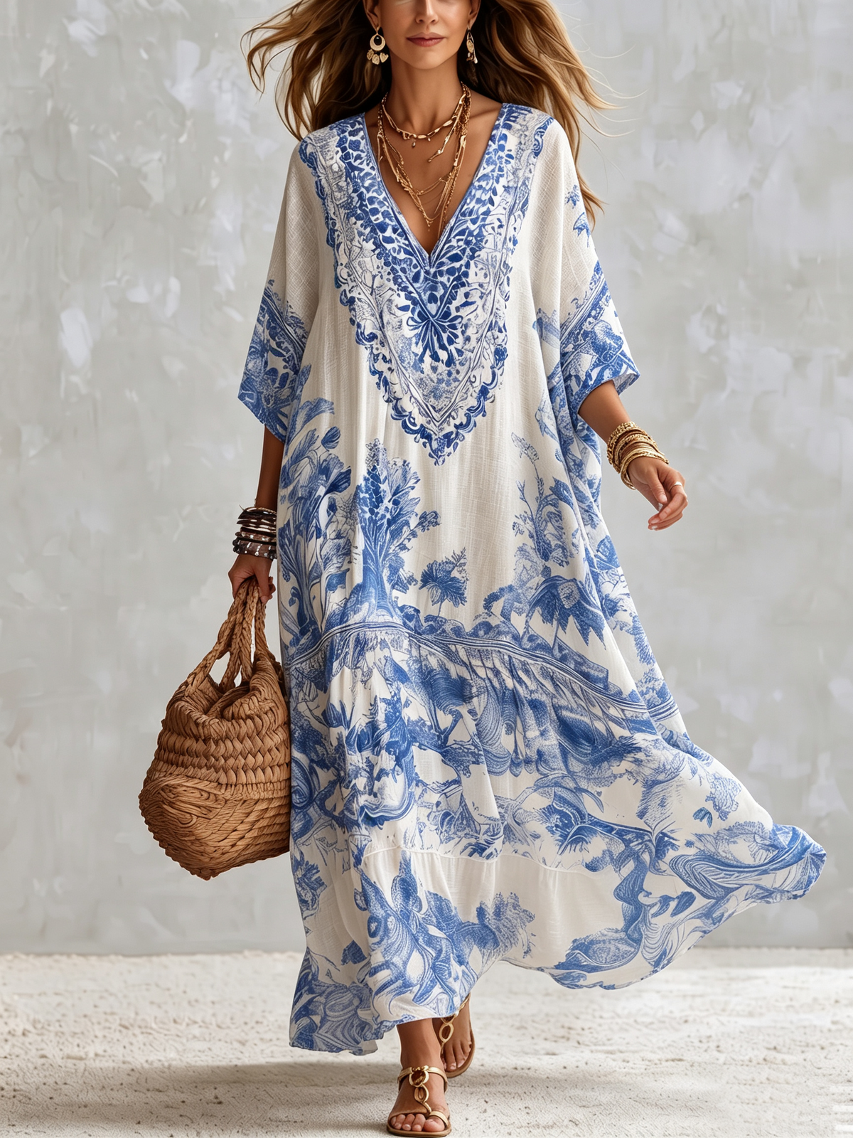 Bohemian Resort Style V-neck Cotton Dress