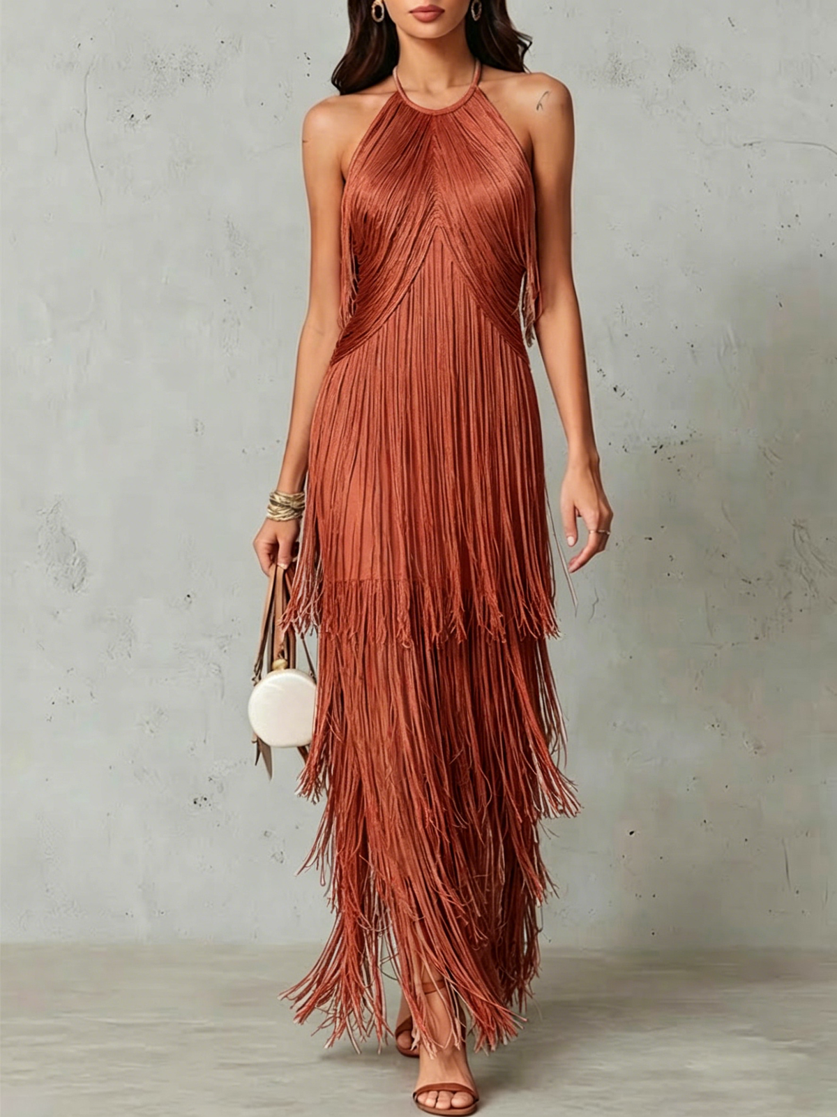 Halter Multi-layer Fringe Fitted Sleeveless Maxi Evening Dress